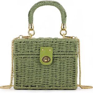 Women Handwoven Rattan Handbag Beach Straw Tote Bag Square Boho Crossbody Bag
